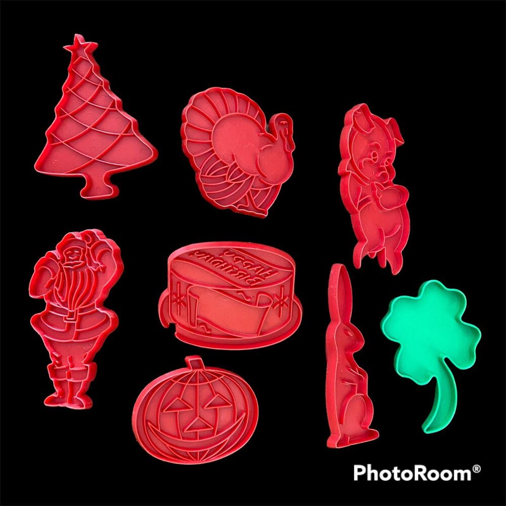 8 Vintage Tupperware Cookie Cutters Red Green Shamrock Birthday Holidays 1970s